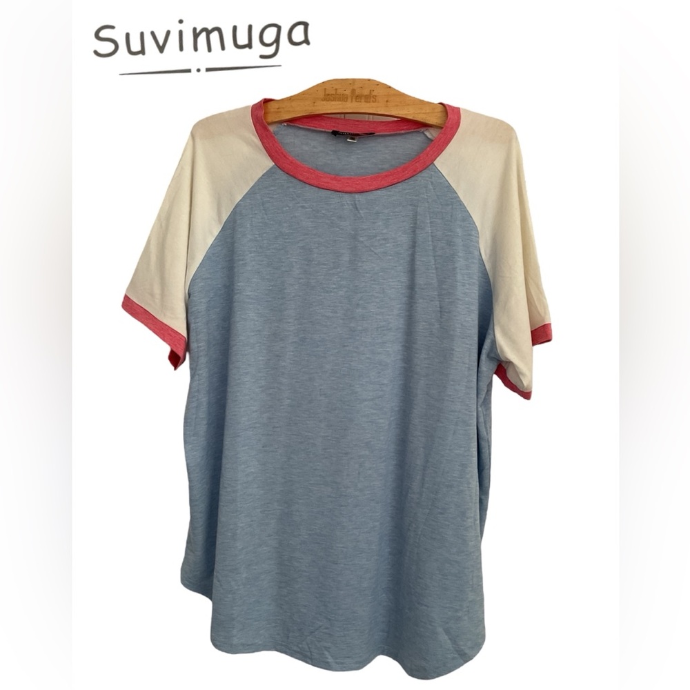 Suvimuga🧡Blue and Cream Raglan Tee with Pink Trim